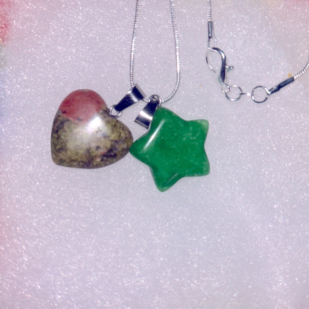 Boho hippie Jade Star and Unakite heart Sterling Silver 18” Nec…